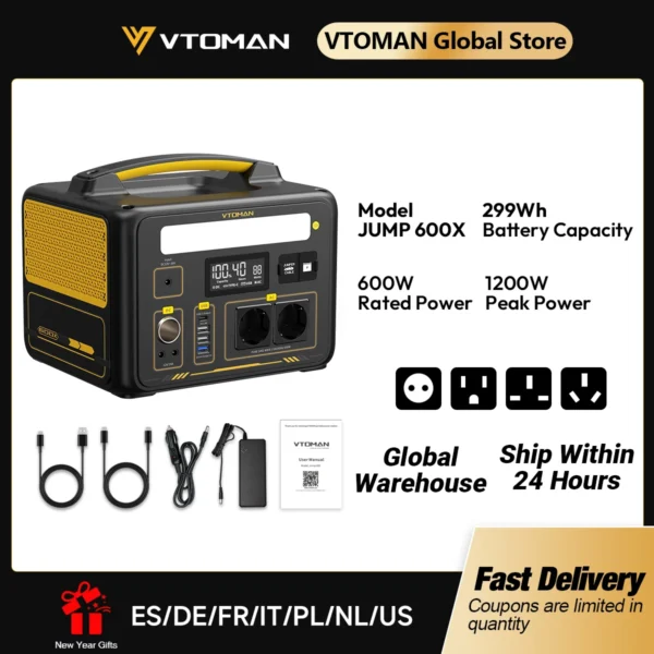 VTOMAN JUMP 600X Portable Power Station 299Wh Solar Generator LiFePO4 1200W Peak Power Powerstation Emergency Backup