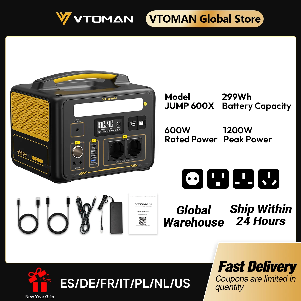 VTOMAN JUMP 600X Portable Power Station 299Wh Solar Generator LiFePO4 1200W Peak Power Powerstation Emergency Backup